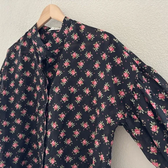 Alice + Olivia Paulita Top Med Black Pink Floral Cotton Silk Designer Feminine - Picture 9 of 12